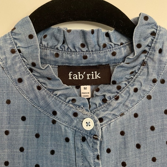 Denim color polka dot button down with ruffle details - Picture 4 of 4